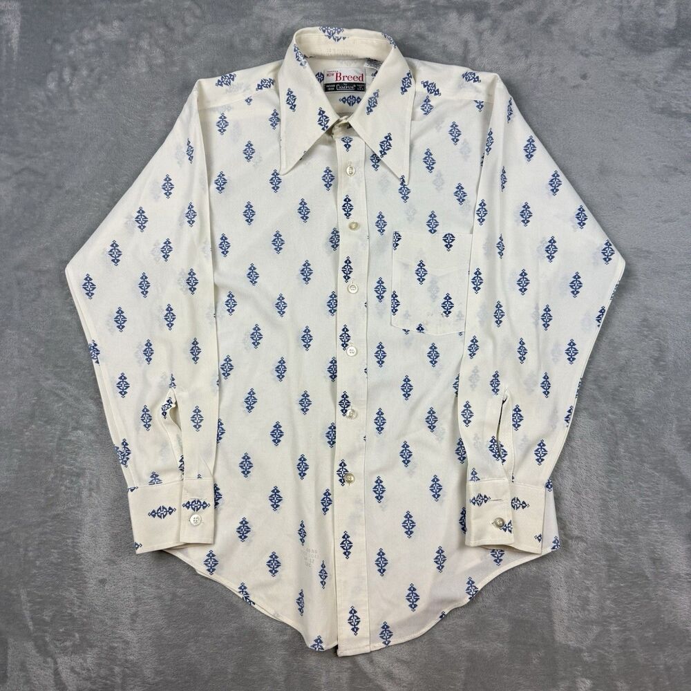 Vintage 70s Campus Now Breed Disco Shirt Mens Blue White Geometric USA